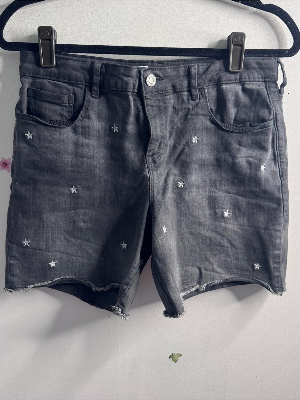 Washed black Star Embroidered Denim Shorts